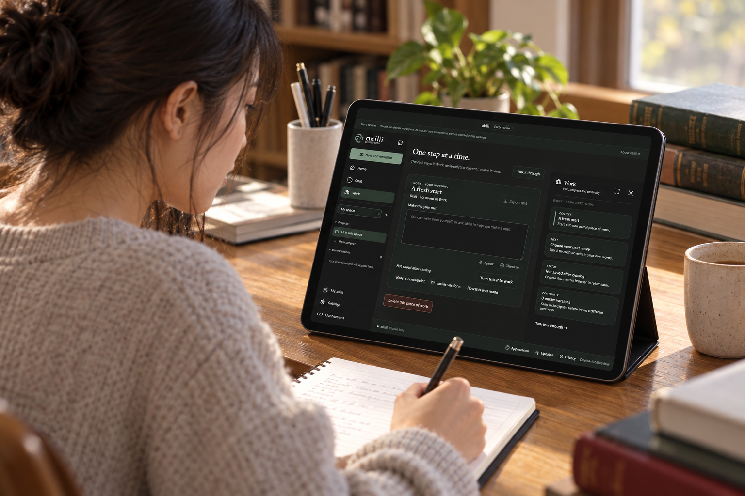 Illustrative adult learner using the akilii Work interface on a tablet