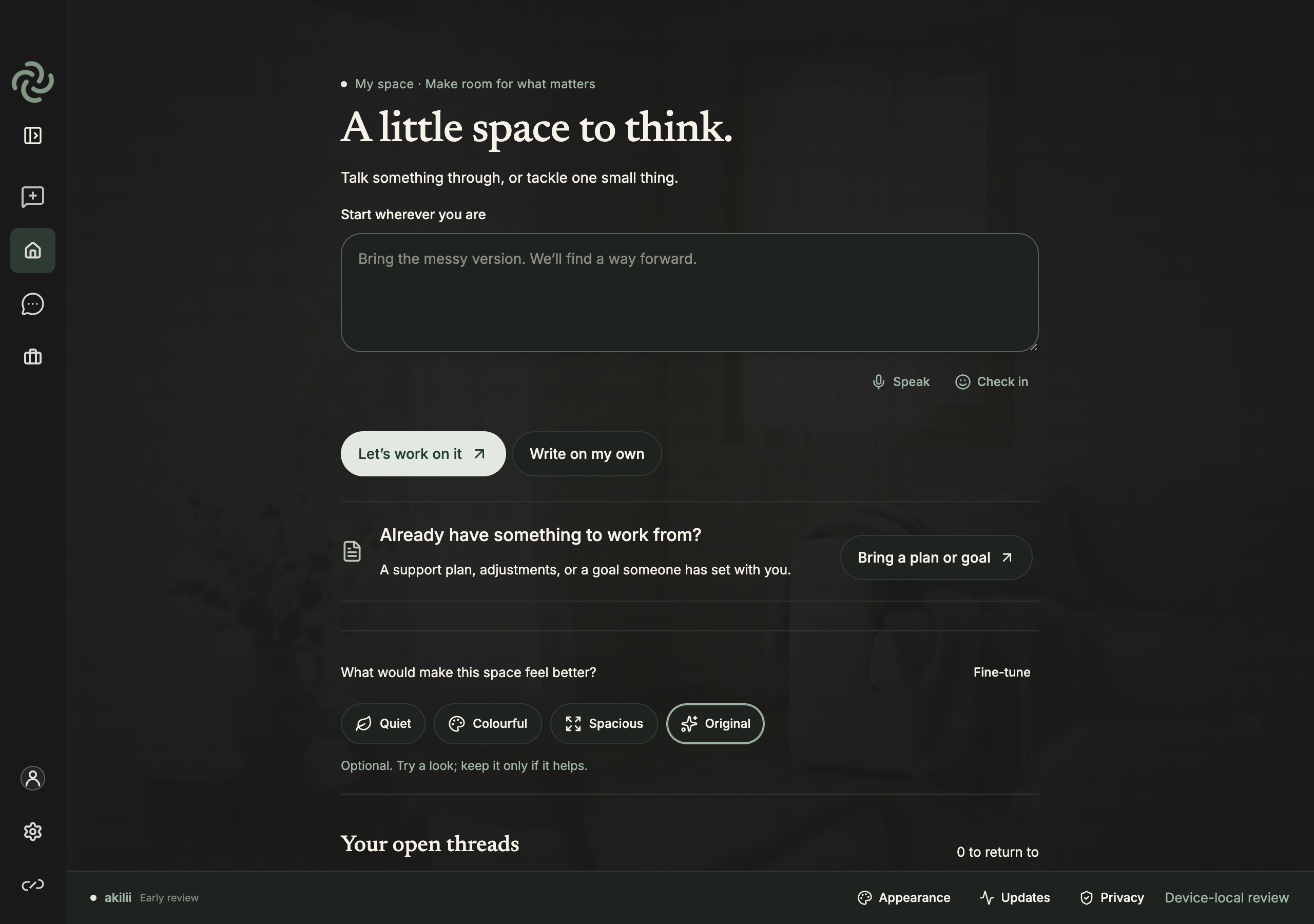 Actual early-review akilii workspace with its conversation composer and navigation